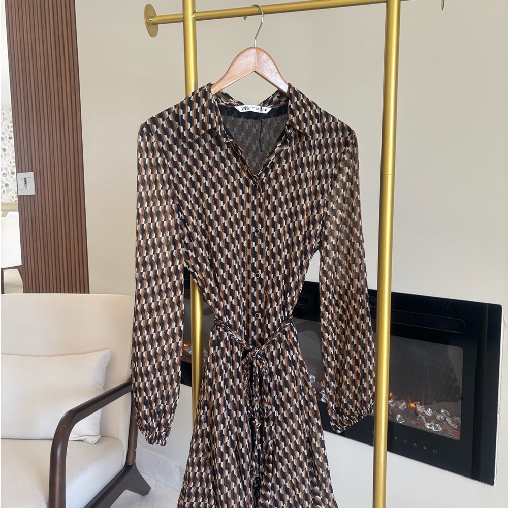 Zara Geometric Brown Long Sleeve Dress